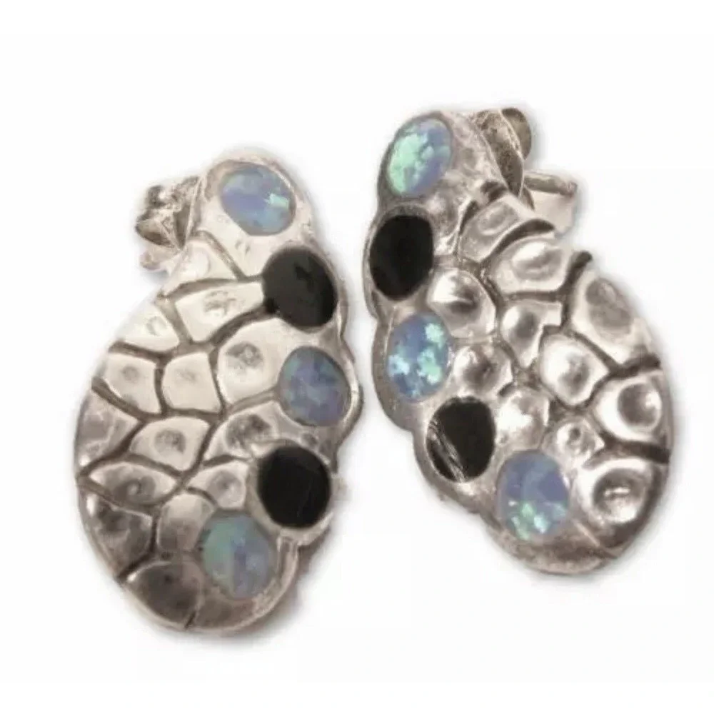 Very‎ pretty Signed Sterling Silver Black Onyx & Blue Opal Wing Design Earrings